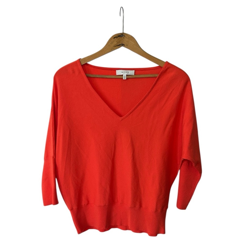 Milly | Women’s orange/tangerine vneck 3/4 dolman sleeve pullover sweater, sz M